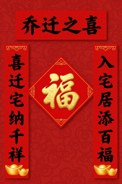 红金配色素材：乔迁之喜中式春联海报 红金配色传统节日氛围