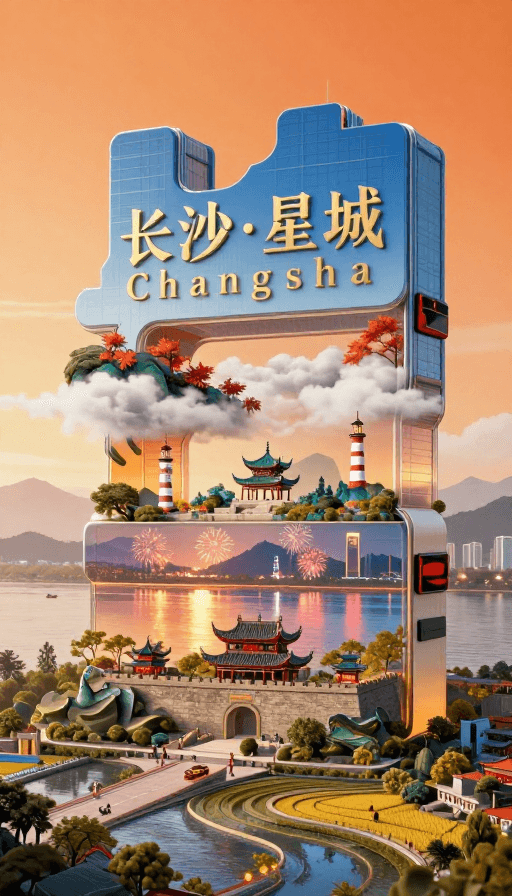 历史与现代融合素材：长沙星城：千年文脉与魔幻现实的视觉交响