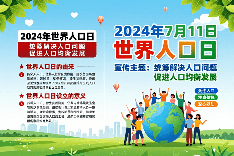 清新现代风格素材：2024年世界人口日：生态与人文的和谐共生海报