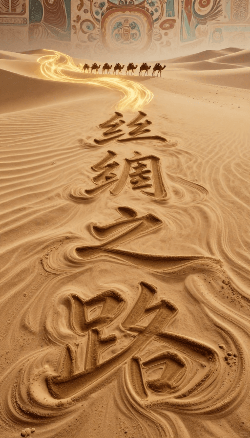 敦煌壁画素材：流沙丝路：三维超现实敦煌壁画艺术海报