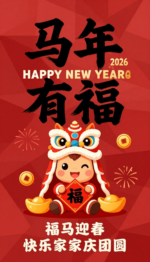 红色喜庆素材：马年喜庆插画：福运当头迎新春