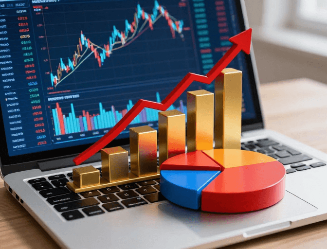 科技产品素材：现代金融投资分析：智能键盘上的动态图表展示