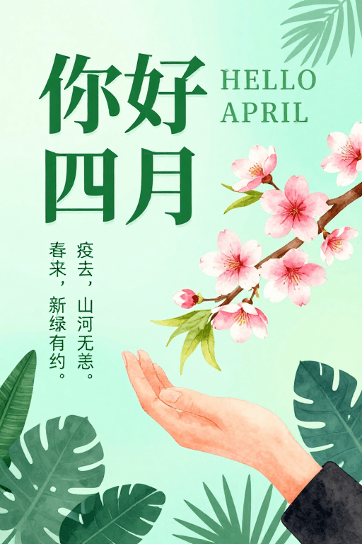 插画素材：清新春日治愈海报：你好四月与新生希望