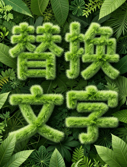毛茸字体素材：夏日绿意生机：毛茸茸植物文字创意海报