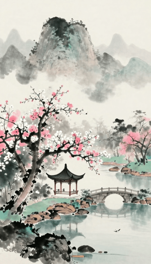 文人雅集素材：水墨云山间，繁花映碧流：诗意东方美学画卷
