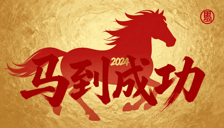 金色质感素材：朱红书法‘马到成功’配金色奔马，2024新年祝福