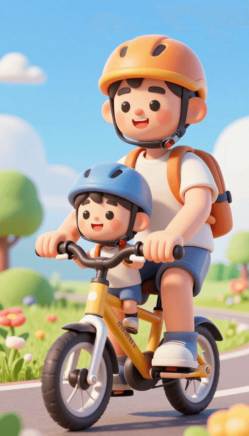 温馨家庭素材：父子骑行欢乐时刻：C4D动漫风亲子互动