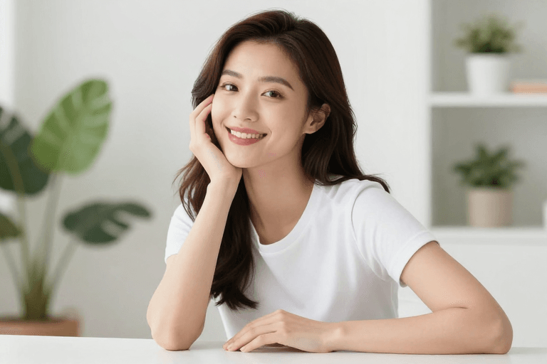 健康美学素材：亚洲女性自然光微笑肖像，展现健康美