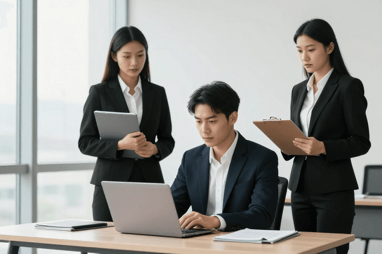 现代办公素材：现代职场精英：专业协作与光影质感