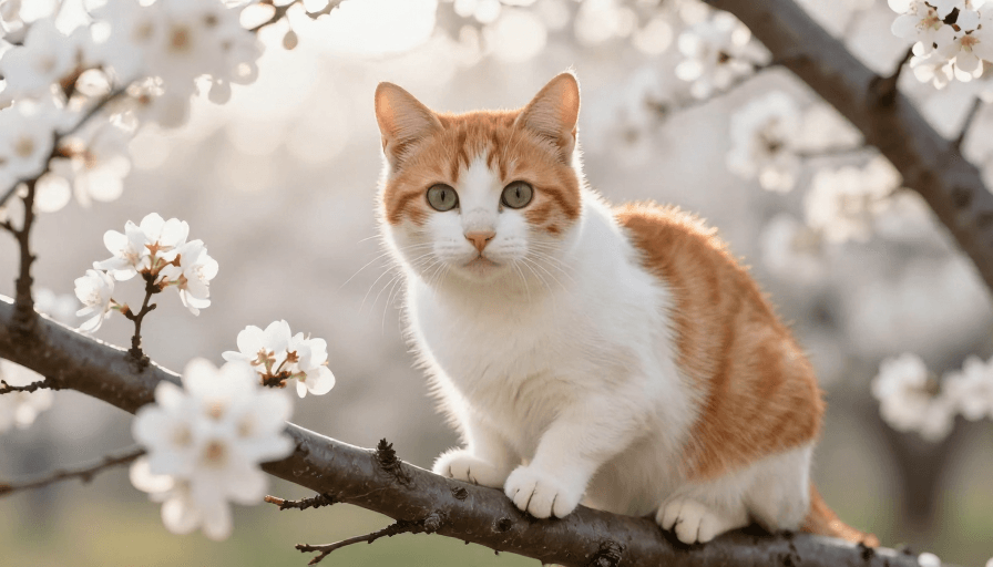 商业广告图素材：春日树下橘白萌猫侧逆光写真