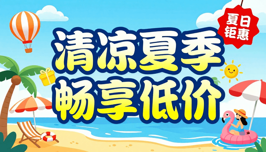 海滩度假素材：清凉夏日畅享低价：缤纷沙滩度假促销海报