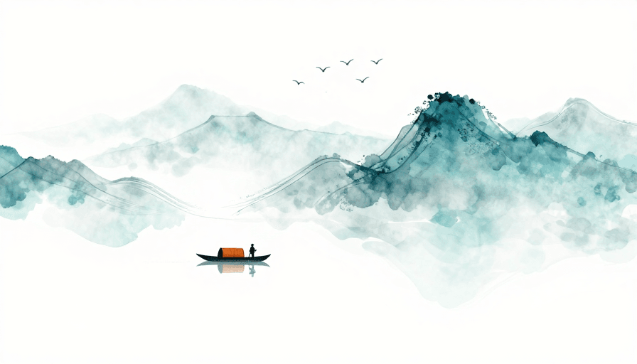 抽象背景素材：青蓝水墨晕染山水图，静谧小舟留白意境