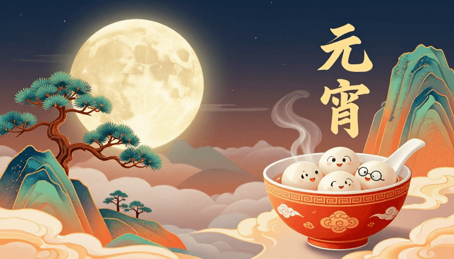 元宵佳节素材：新国风元宵雅韵：满月映月，瓷碗汤圆，古典现代交融