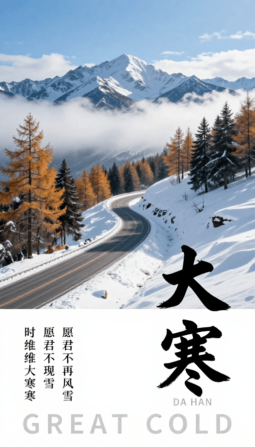 水墨书法素材：大雪纷飞的冬日公路水墨诗意海报