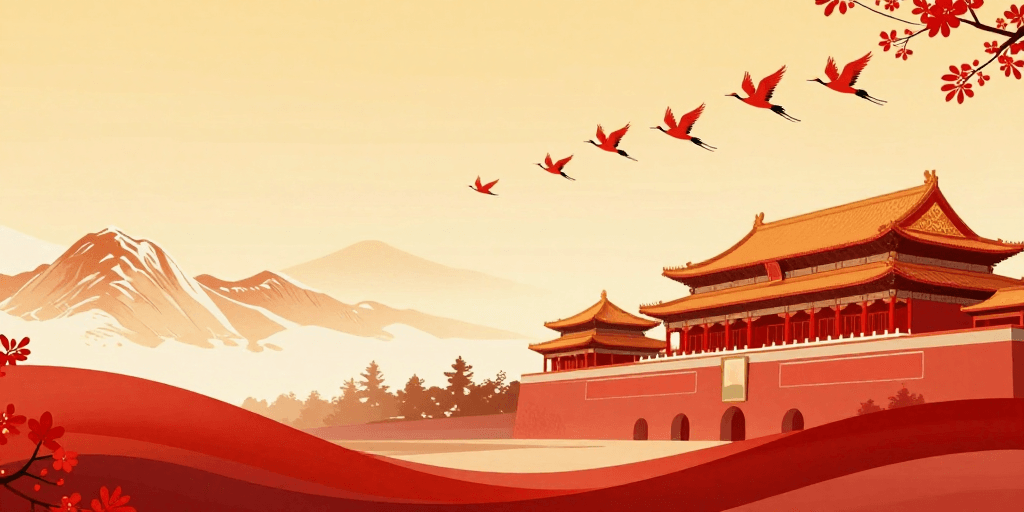扁平化艺术素材：祥瑞庄严的中国风宫廷插画背景
