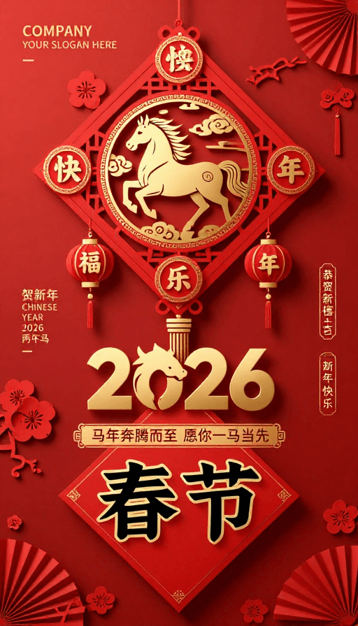 马年素材：红金剪纸马年春节海报 传统艺术风格