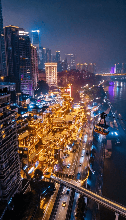航拍摄影素材：魔幻重庆立体夜景：霓虹流光与雾都交响