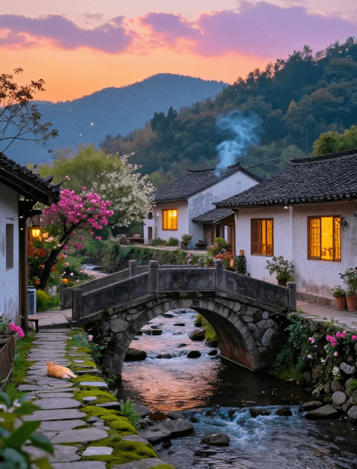 暖色调摄影素材：春日古桥炊烟袅袅的宁静田园风光