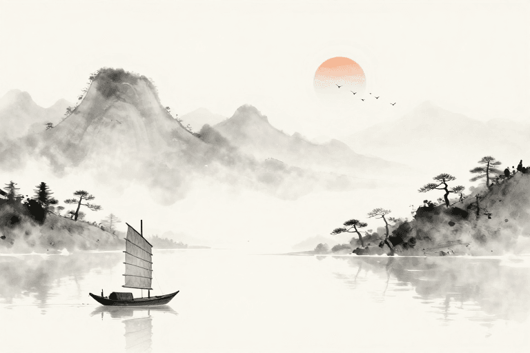 灰白渐变素材：淡雅水墨山水·东方静谧意境