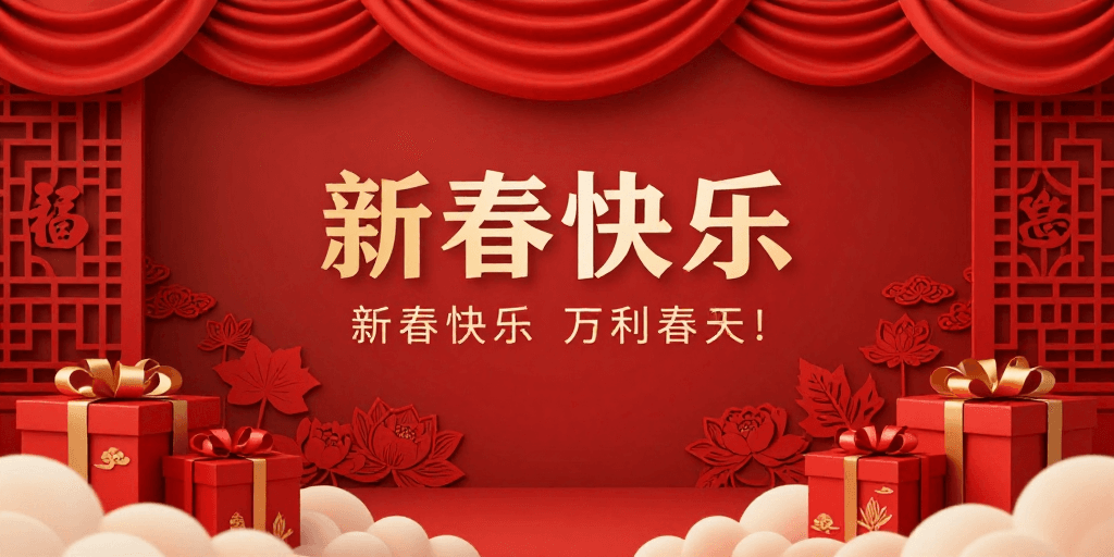 春节主题素材：红绸金纹·传统中国风喜庆舞台横幅