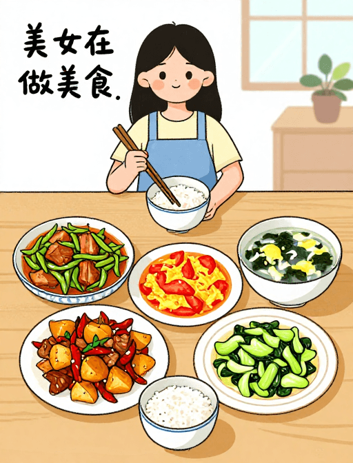 手绘漫画素材：手绘漫画美女烹饪中华家常美食