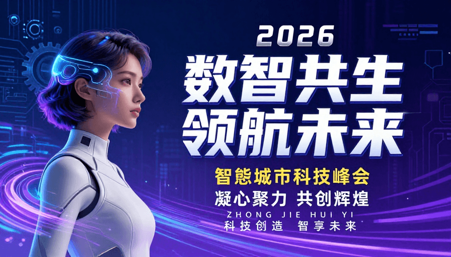 智慧城市素材：2026数智共生：未来科技峰会前瞻海报