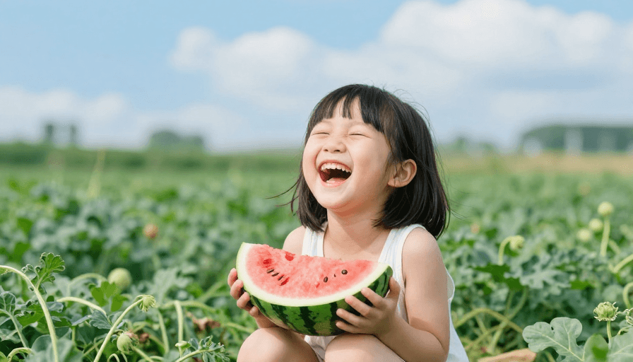 西瓜采摘素材：夏日西瓜地里的纯真笑容：高清人像摄影