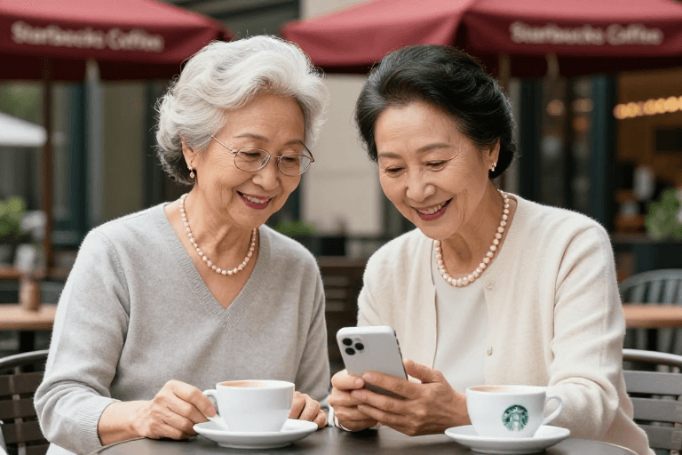 温暖色调素材：银发风采：星巴克户外咖啡时光