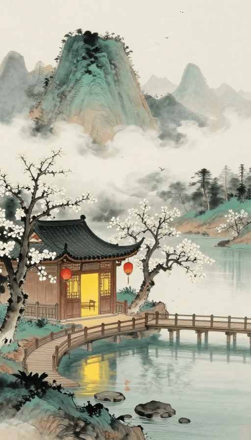 传统绘画素材：中式山水诗意：暖灯红灯笼与静谧湖畔的隐逸之境