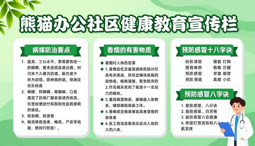 科普海报素材：熊猫办公社区健康科普生态风格海报