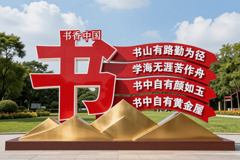 传统与现代融合素材：红色‘书’字文化景观装置艺术实景展示