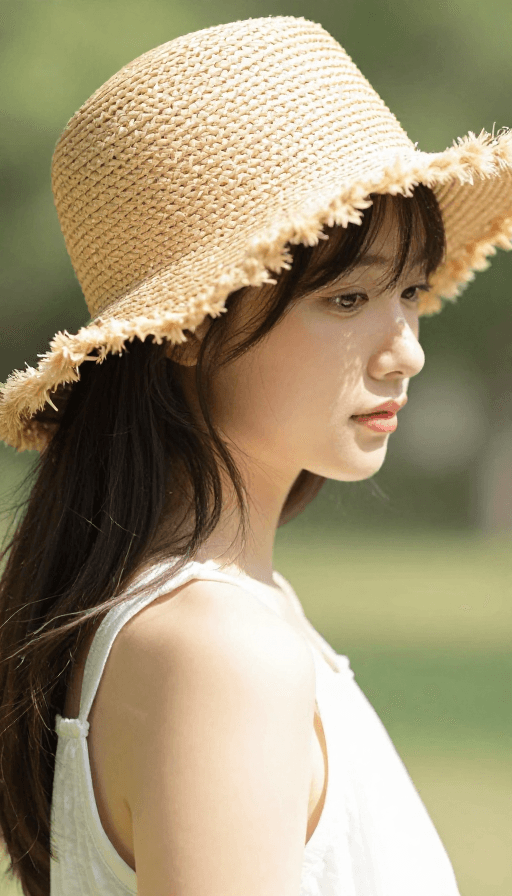 户外素材：阳光下的少女草帽：温暖与宁静的户外时刻