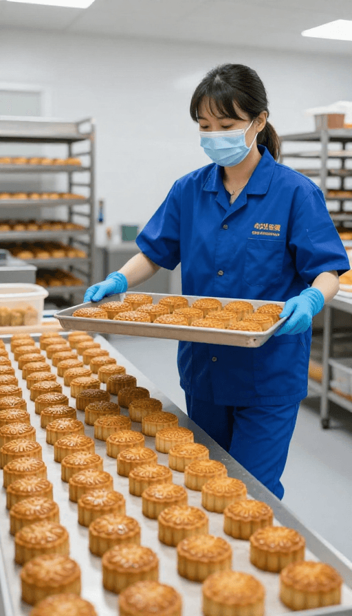 高清写实素材：金黄月饼出炉实拍：高清车间工艺展示