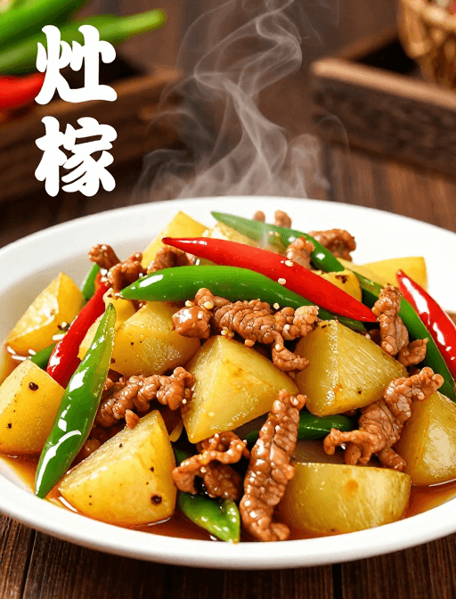 超写实风格素材：超写实青红椒土豆炒肉片：热气腾腾的时尚美食摄影
