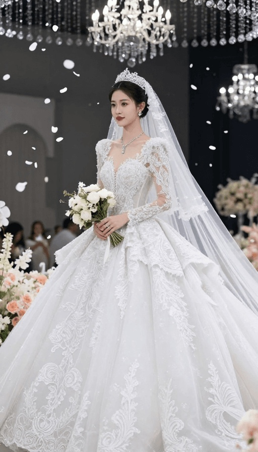 浪漫场景素材：奢华中式婚礼：优雅新娘在浪漫现场漫步