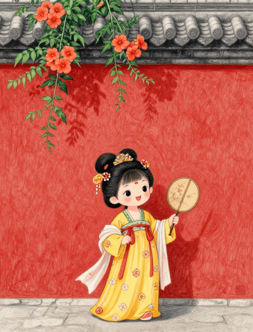 彩铅画素材：古韵唐女：彩铅红墙凌霄花下的仙气少女