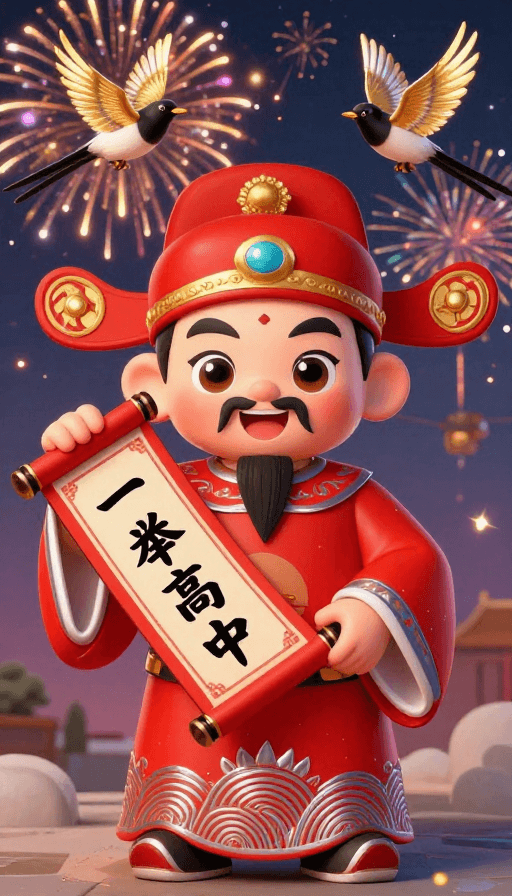 烟花背景素材：喜庆状元郎庆功贺图，Q版烟花闪耀金榜题名