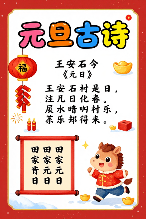 手绘风格素材：元旦童趣古诗海报·喜庆水彩手绘风