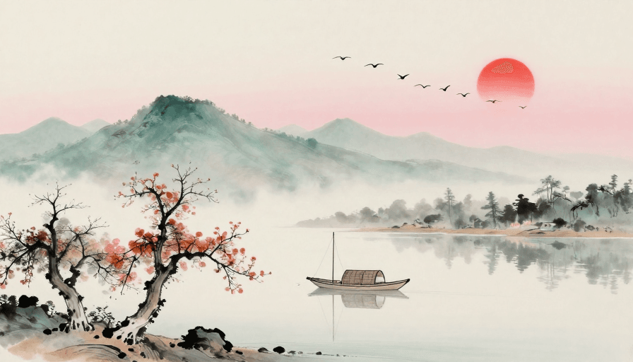 宋代院体画素材：水墨山水·青灰远山与朱红落日