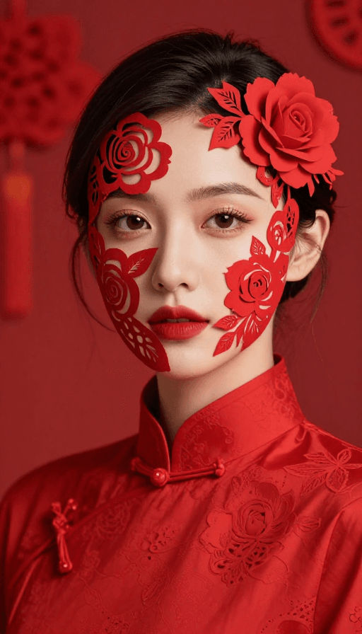 春节贺图素材：红袍佳人：剪纸玫瑰点缀的中国新年人像