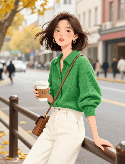 人物肖像素材：秋日街头彩铅美少女：咖啡与微风中的繁华