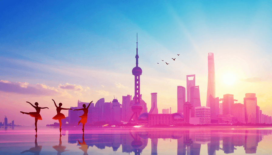 镜面反射素材：梦幻超现实上海：芭蕾与天际线的交响
