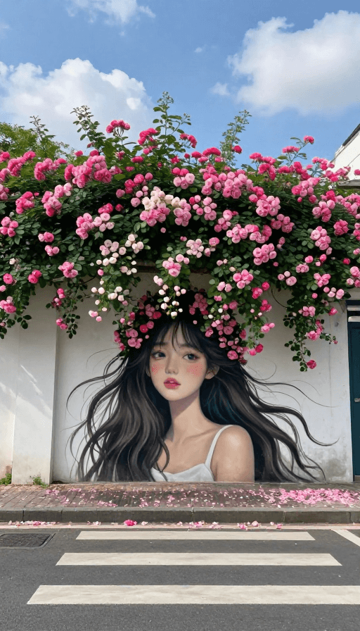 超广角摄影素材：蔷薇花环下的街头美少女