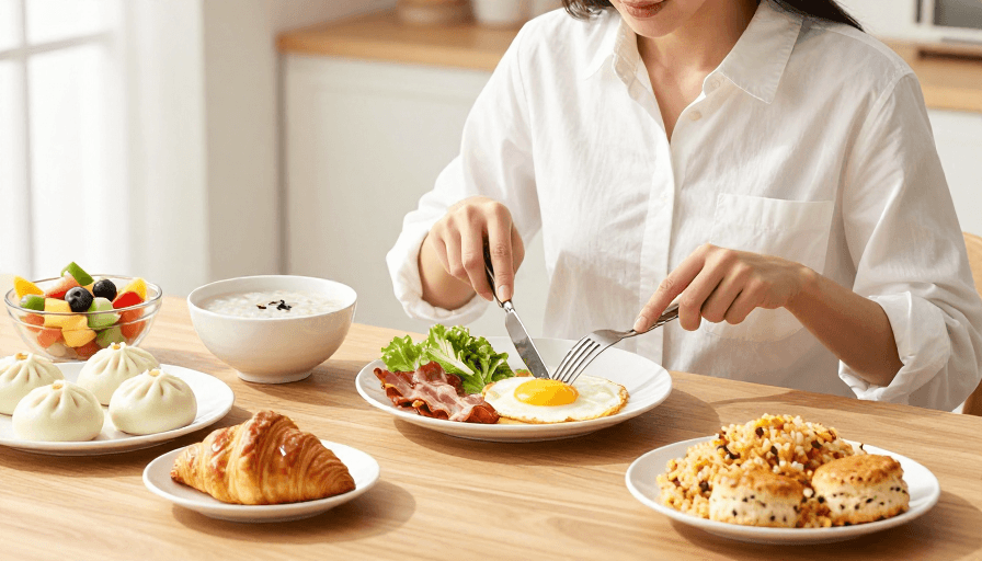 木质餐桌素材：暖光下的精致早餐：亚洲女性健康饮食时刻