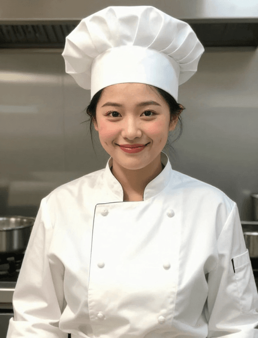 暖色调实拍素材：厨房随拍：圆脸女厨师的自信微笑