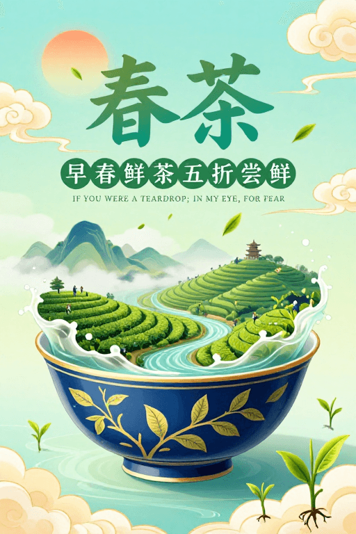 新国风插画素材：春意盎然·青花瓷中的春茶盛景