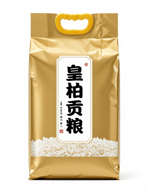 电商产品图素材：皇柏贡粮大米包装金属质感高清特写