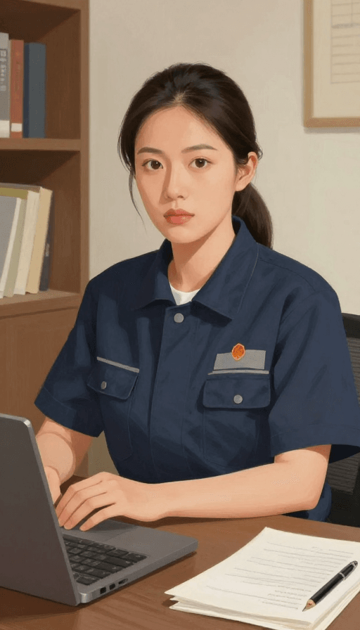 书房场景素材：严肃帅气的亚洲女在岗工人厚涂插画肖像