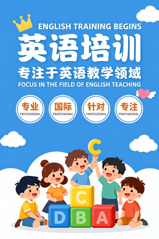童趣插画素材：趣味英语培训海报：专业教育，童趣开场
