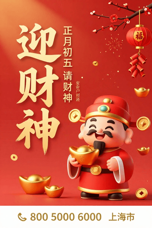 新年活动素材：迎财神迎财气：春节卡通海报设计